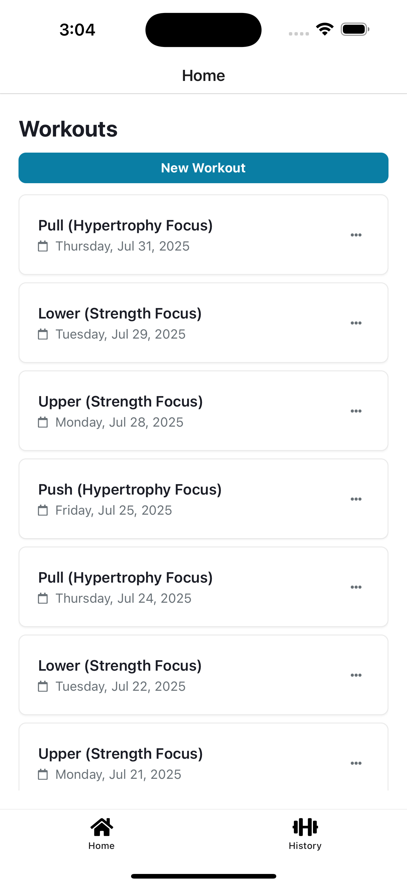 Home screen showing list of past workouts